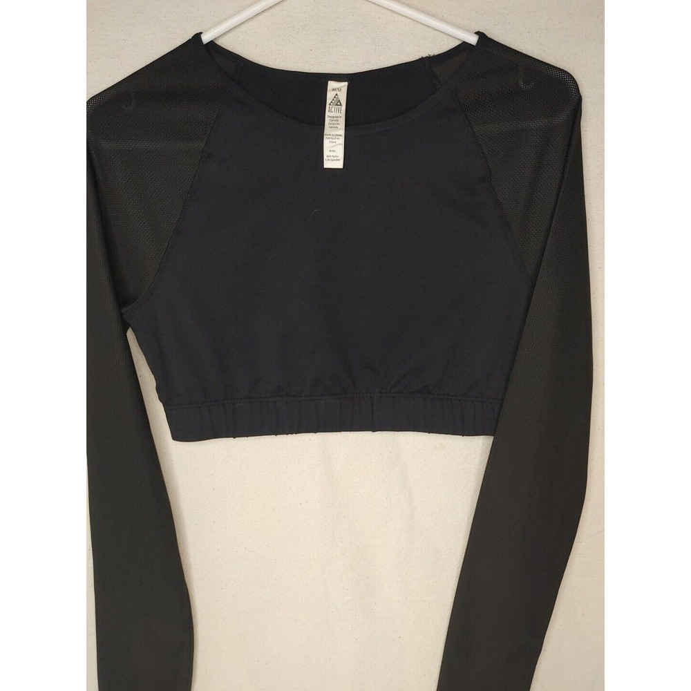 Women's Long Mesh Sleeve Workout Cropped Black Top Elastic Waist Sz M